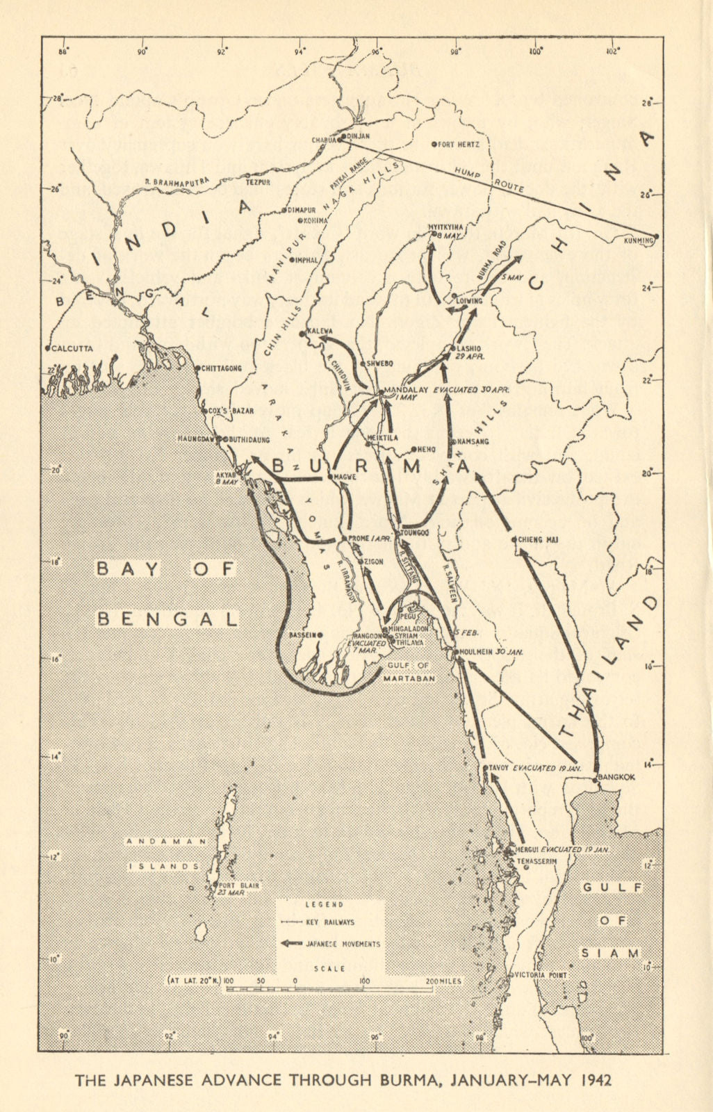 Japanese advance through Burma January-May 1942. World War 2 1954 old map